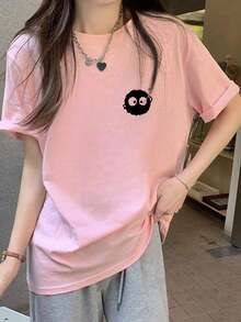女士休闲宽松圆领卡通印花短袖T恤，春夏百搭 - 淺粉色 - 查看 2