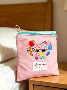 Teacher Appreciation Gift, Large Capacity Portable Makeup Bag, Printed With "Teacher" Text, Makeup Bag, Lining, Perfect For Educators And School Staff, Teacher Thank You Gift, Fashionable Casual Accessory For Travel, Vacation, Daily Commute, Teacher's Day, Portable Storage Bag, Makeup Organizer Bag, Coin Purse, Back To School, Commute, Home Essential. - Multicolor - View 14