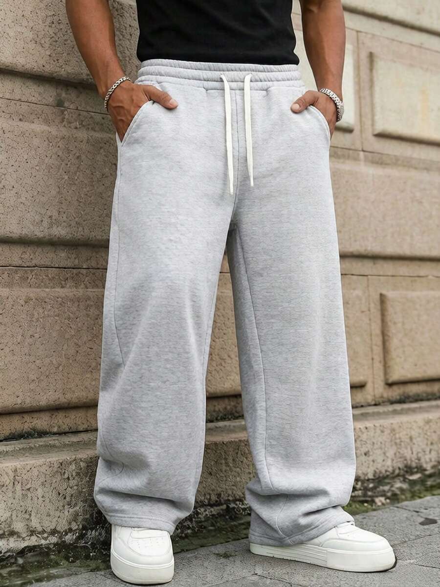 Men's Casual Sports Jogger Pants - 100% Polyester, Elastic Waistband With Drawstring Design, Side Pockets, Autumn/Winter Sports Style Long Pants, Comfortable Fabric, Durable Material, Suitable For Sports, Fitness, Outdoor Activities And Daily Wear, Perfect Gift For Father Or Boyfriend - Light Grey - View 1