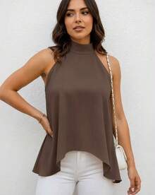 Women's Blouse With High Neck And Asymmetrical Neck Tie - 灰褐色 - 查看 3