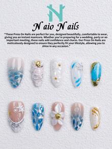 NAIO 10片/組手工穿戴式假指甲，3種尺寸：棺材形/杏仁形/短方型，Y2K海洋風，藍色貓眼美甲搭配3D貝殼與花卉設計，金色與珍珠裝飾，適合女性與女孩，日常使用與派對，女士美甲禮物首選 - 彩色 - 查看 2