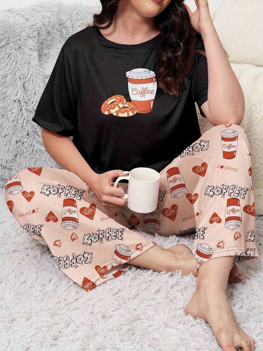 Plus Size Casual Comfortable Cartoon Print Short Sleeve & Long Pants Women's Loungewear 2 Pieces Set Pajamas - Black - View 1