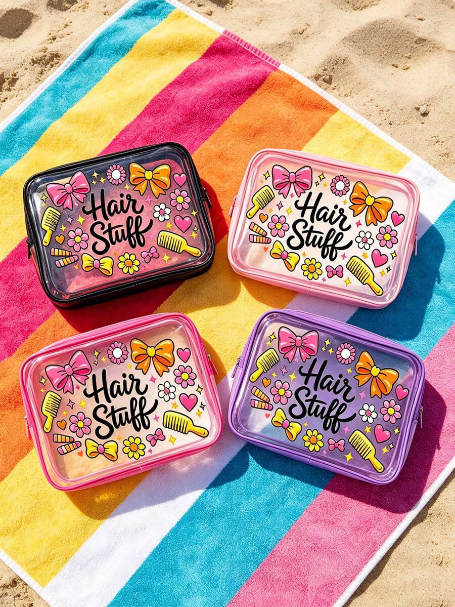 Bolsa de maquillaje de viaje con lazo, incluye peine para el cabello y bolsa de maquillaje transparente con estampado floral y cremallera, bolsa organizadora de maquillaje portátil linda y colorida, decorada con detalles de corazón y estrella, diseñada para entusiastas de la belleza para viajes y almacenamiento diario de artículos de tocador y accesorios para el cabello, adecuada para viajes, picnic, fiesta, cita, playa, verano, regreso a la escuela, dormitorio, Día del Maestro, regalo del Día de la Madre - Multicolor - Ver 1