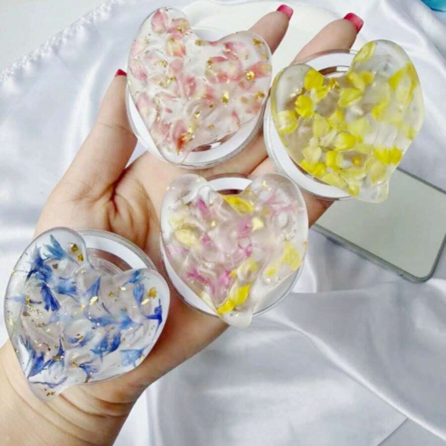 不對稱心形霧面3D心形花朵磁吸式鬆弛手機支架,便攜式可伸縮桌面支撐手機環扣 - 彩色 - 查看 1