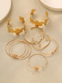 7pcs Fashion Vintage Elegant Old Money Style Floral Design Metallic Wide Cuff Adjustable Open Bangle Bracelet Set, Stackable Jewelry For Women, Suitable For Summer Beach, Vacation, Party, Music Festival, Date, Gift, Daily Commute - Yellow Gold - View 4