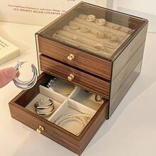 1pc 3/5-Layer Walnut Color Jewelry Box, Top Cover Ring Slots + Double-Layer Divided Drawers, Classified Storage For Earrings, Bracelets, Pendants. Dust-Proof Transparent Cover, Dressing Table Jewelry Organizer. - Multicolor - View 11