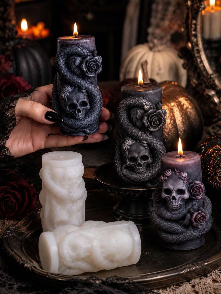 Molde de silicona para vela perfumada con forma de esqueleto de serpiente y calavera de Halloween, molde de vela con forma de árbol muerto y calavera DIY, molde para manualidades de resina, yeso, arcilla y hormigón, decoración del hogar y regalo festivo - moldes de Halloween - Ver 1