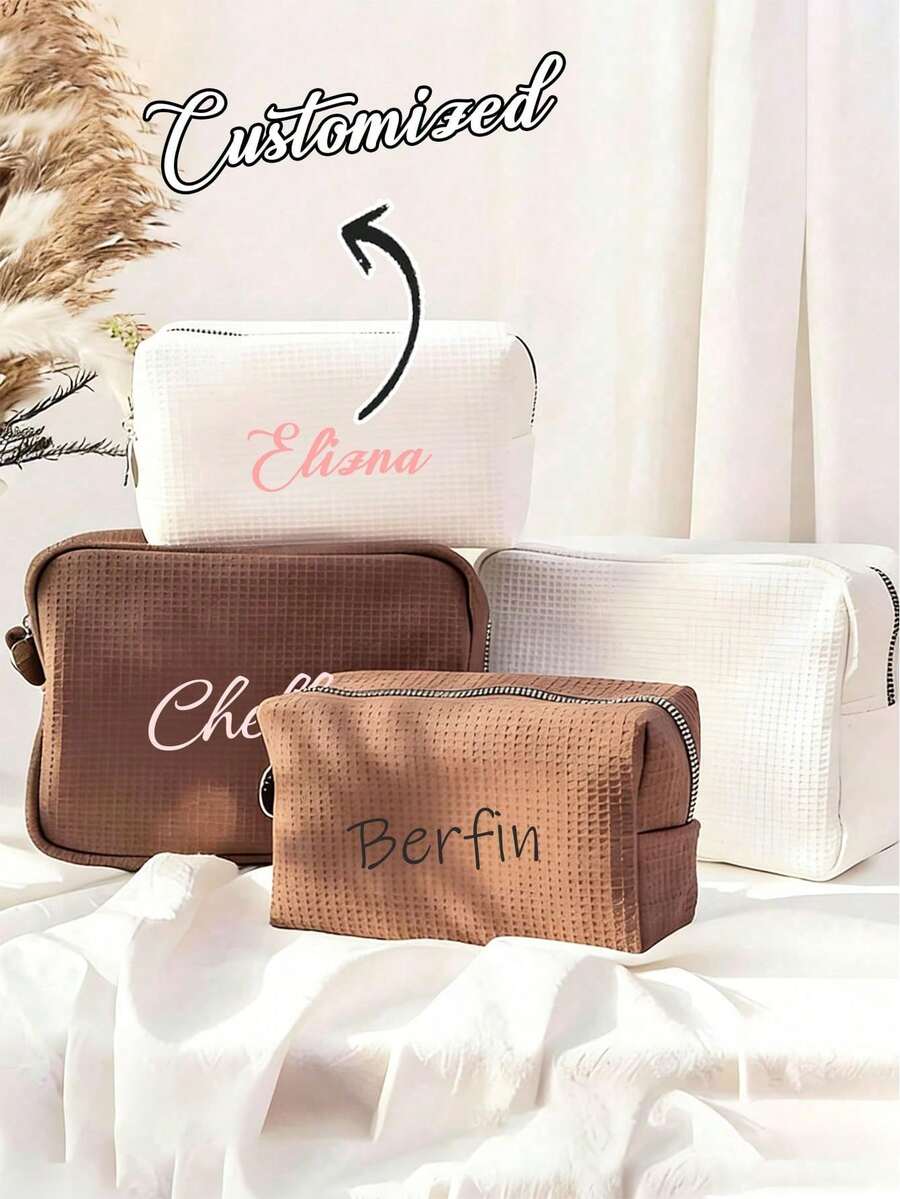 Personalized Waffle Makeup Bag, Customized Letter Toiletry Bag, Makeup Bag, Bridesmaid Gift, Bridal Gift, Suitable For Holiday/Vacation/Outing - Multicolor - View 1