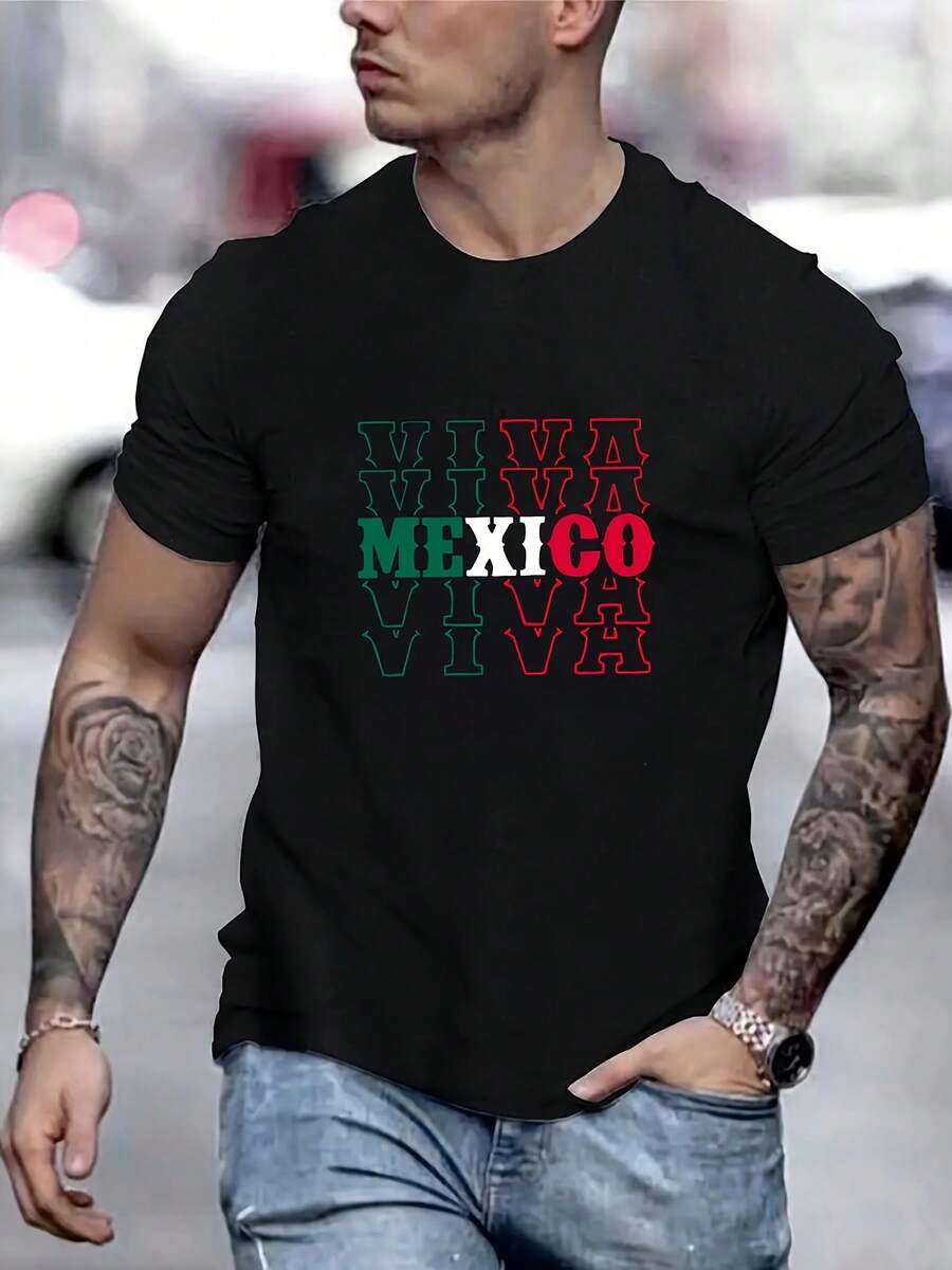 MEXICO Print, Herren-T-Shirt mit Rundhalsausschnitt und kurzen Ärmeln, modisches T-Shirt mit normaler Passform, lässiges, bequemes, atmungsaktives Oberteil für Frühling, Sommer, Urlaub, Freizeit, Urlaub für Männer - Schwarz - Übersicht 1