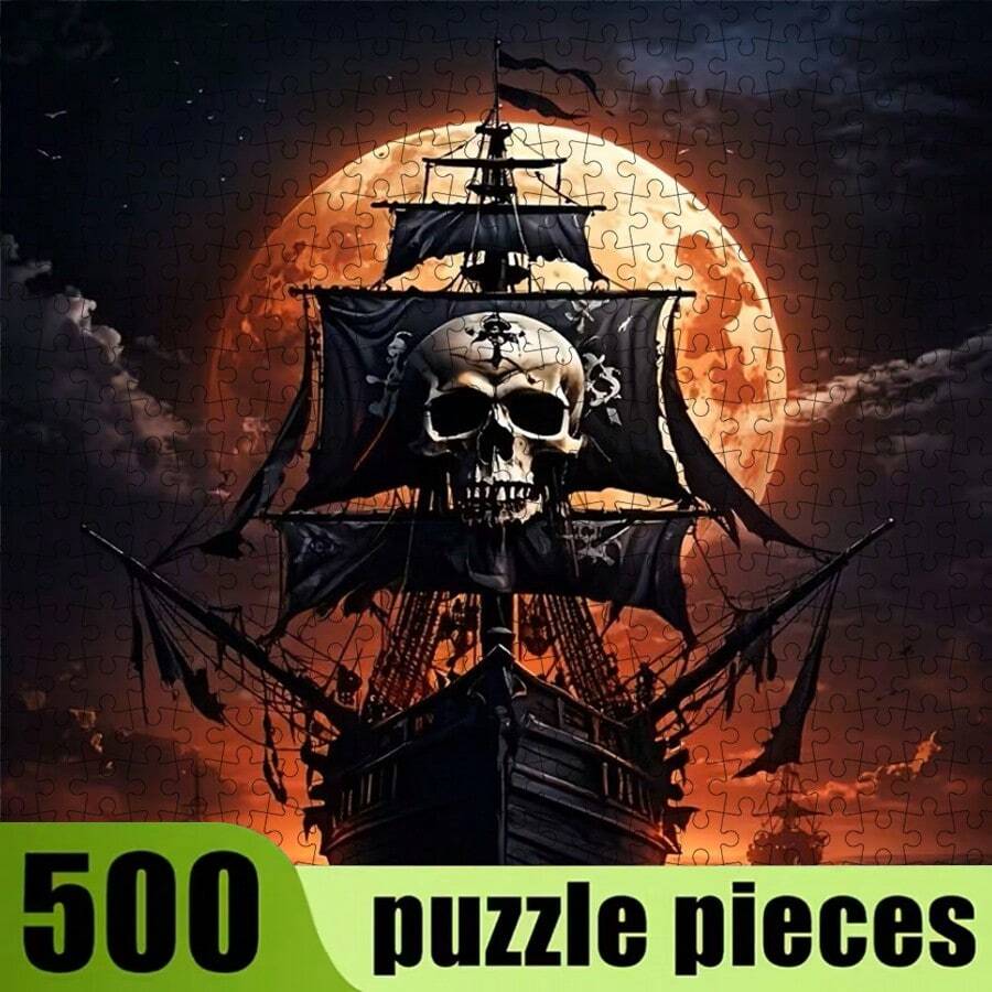 500pcs Adult Mini Jigsaw Puzzle Box - This Precision-Cut Adult Challenge Level Puzzle Features A Moonlit Skull Pirate Ship Theme, Scratch-Resistant And High Difficulty. Suitable For Adult Leisure And Family Interaction, Can Be Used As DIY Home Decor Or Art Collection After Completion, Also Fits Halloween And Christmas Atmosphere, A Great Gift For Brain Exercise And Creativity. - Multicolor - View 1
