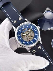 1 buah Jam Tangan Mekanik Otomatis Pria LONGLUX, Jam Tangan Pilot Vintage dengan Dial Berongga dan Tali Kulit Bercahaya, Cocok untuk Pemakaian Sehari-hari dan Hadiah Liburan - Biru - View 4
