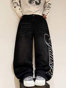 Hearty Haven 1件美式街頭風刺繡男士寬鬆寬腿牛仔長褲，舒適四季百搭，不含腰帶與配件 - 黑色 - 查看 2