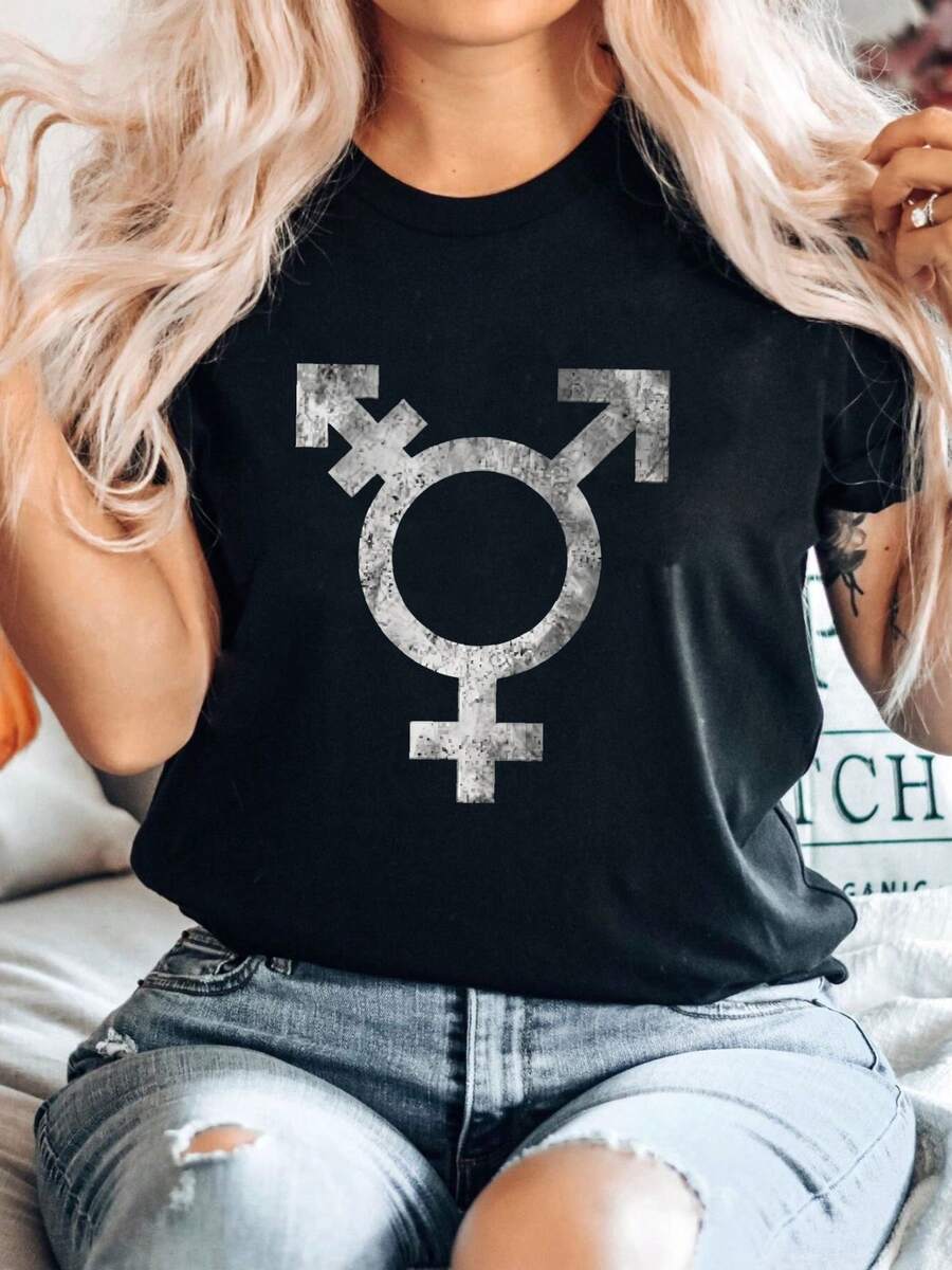 Women's T-Shirt With Print TRANSGENDER SYMBOL T-SHIRT Transgender Bigender Genderqueer Rights Transsexual - Black - View 1
