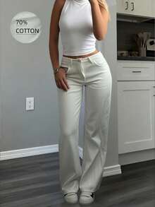 Solid Color Slant Pocket Casual Versatile Straight Leg Jeans - White - View 1