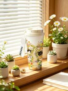 1件/5件 500ml 貓咪與粉色花卉印花保溫咖啡杯，附翻蓋與「Coffee」掛繩，304不鏽鋼防漏旅行杯，適用冰咖啡、果汁、牛奶，適合戶外與居家使用，貓奴完美禮物 - 多色-貓咪群像 - 查看 2