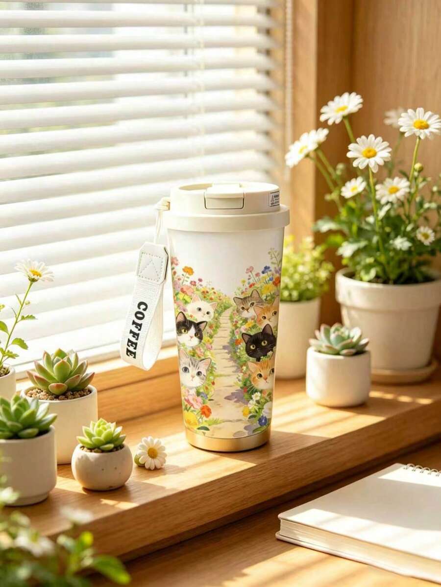 1件/5件 500ml 貓咪與粉色花卉印花保溫咖啡杯，附翻蓋與「Coffee」掛繩，304不鏽鋼防漏旅行杯，適用冰咖啡、果汁、牛奶，適合戶外與居家使用，貓奴完美禮物