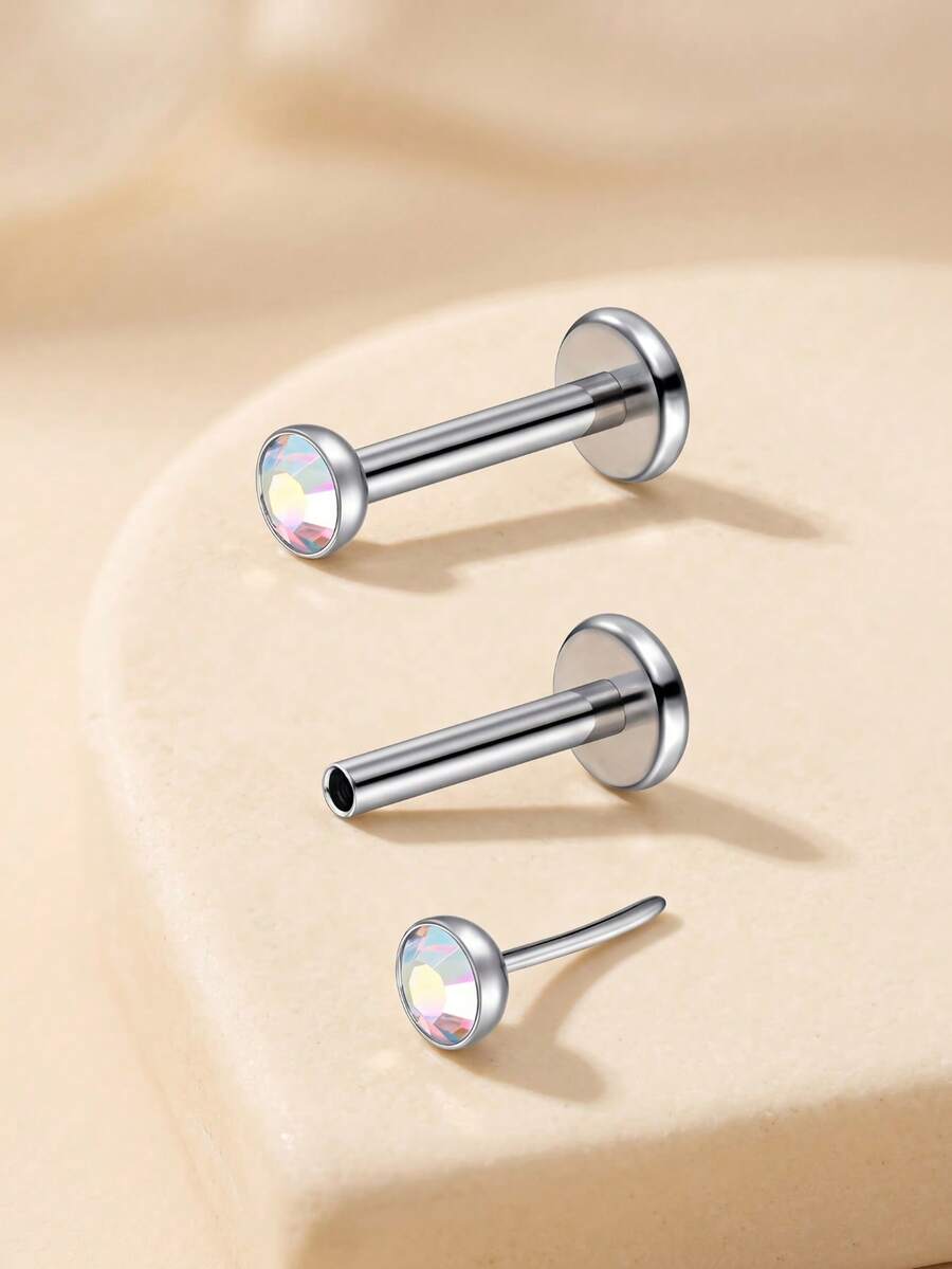 2pcs Titanium Alloy 16G Cubic Zirconia Lip Ring/Cartilage/Ear Bead/Lip Stud, Flat Back Push-In Lip Stud Cartilage Earlobe Earring Suitable For Women, Size 2mm 2.5mm 3mm 4mm CZ Lip Ring Piercing Jewelry - Diamond-studded Version - View 1