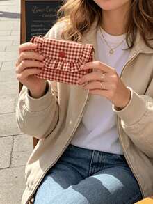 Cute Plaid Camera Bag CCD Storage Pouch Canvas Camera Case Mini Square Makeup Bag Camera Dust-Proof Storage Bag Camera Storage Pouch Women's Lipstick Sanitary Napkin Storage Bag Wallet Coin Purse Card Holder Small Makeup Zipper Bag - Multicolor - View 2