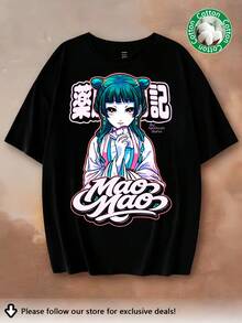 Nouveauté 2026 : T-shirt oversize en coton avec graphismes de Maomao (The Apothecary Diaries), style graffiti, unisexe, pour les fans de manga. - Noir - Voir 1