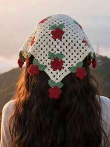 Cute Countryside Style Women Bandana,Beige Knitted Floral Hollow Tie Triangle Scarf Hair Accessories Hair Bands Headbands Head Wrap Summer Outfits - Red - View 9