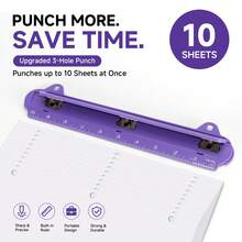 Eagle 3 Hole Punch, Portable Ring Binder 3 Hole Punch, Paper Puncher With Integrated Ruler, 10 Sheets Capacity, For Ring Binders, Office Supplies, Purple/Black/Pink/White - Three-hole Punch - View 2