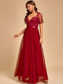 Women's Mesh Patchwork Pleated Elegant Cinched Waist Evening Bridesmaid Dress - Burgundy - View 6