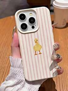 1pc Creative Little Duck Pink Stripe Cute Pattern Frosted Lychee Texture Full-Coverage Lens Protection TPU Fashion Phone Case Compatible With IPhone 11 12 13 14 15 16 17promax - Multicolor - View 3