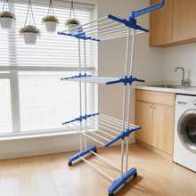 Foldable 3-Tier Drying Rack With Wheels, Large Capacity Laundry Rack, Home Storage Helper - Blue and White - View 3