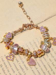 1pc Fashion Swirl Charm Bracelet, 1pc Cross & Key DIY Bracelet, 1pc Classic Lock & Key Bracelet, 1pc Cross & Heart Bracelet - Gold - View 6