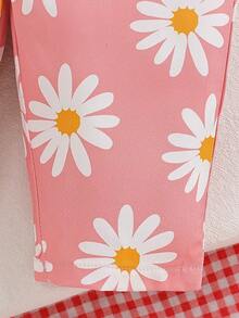 Baby Girl 2 Pieces Sweet Outfit, Ribbed Knit Ruffle Long Sleeve Top And Daisy Floral Print Adjustable Strap Overalls, Toddler Daily Wear Set, Comfortable Outfit - Pink - View 9