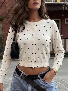 Mori Women's Beige Polka Dot Print Cardigan Knit Short Sweater Jacket, Y2K Style, Button Front, Round Neck, Casual Outfit Vacation Fall - Off White - View 7