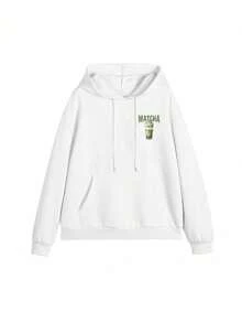 Sweatshirt Berkerudung Wanita, Motif Minuman Musim Gugur/Dingin Terbaru & Cetakan Huruf, Desain Tali Serut, Dengan Saku, Putih Kasual Musim Gugur - Putih - View 4
