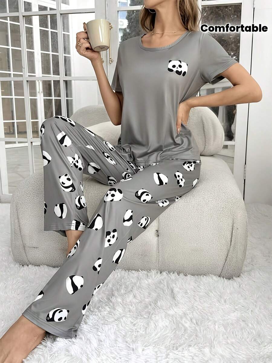 Grey Cartoon Animal Print Short Sleeve Top And Pants 2 Pieces Pajama Set Loungewear For Women - Grey - View 1