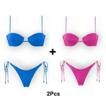 Women's Glossy String Bikini Set Soild Swimsuit Women's Fashion Bikini Green Halter Sport Swimsuit Beach Vacation Low Cut Shiny - 藍+紅 - 查看 7
