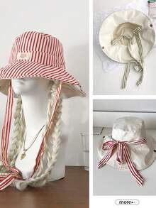Wide Brim Striped Bucket Hat Beach Vacation Sun Hat Vintage Patchwork Contrast Color Drawstring Large Brim Bucket Hat Boho Vacay Spring Summer Sun Hat Bright Monochromatic Looks Tie-Up Sun Protection Hat Travel UV Protection - Striped Color Blocking - View 3