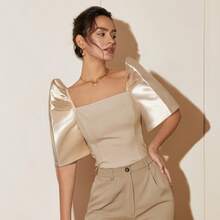 Blus Wanita Model Pendek Elegan Lengan Kelopak Warna Polos Kerah Tegak Leher Persegi untuk Musim Semi/Gugur - Sampanye - View 6
