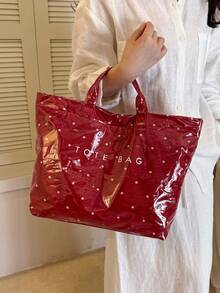 Summer Red New PVC Waterproof Women's Tote Bag, Fashionable Exquisite Floral Pattern Versatile Handbag For Commuting/Vacation - Red - View 2
