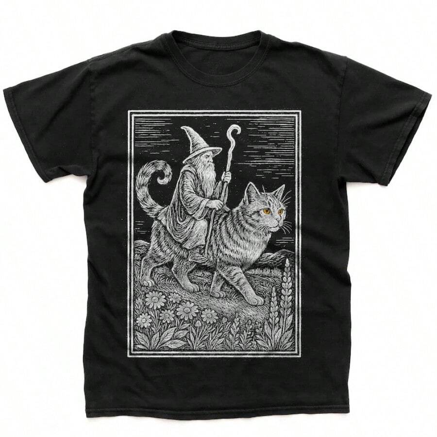 Camiseta Vintage de Mago Jinete de Gatos, Camiseta de Fantasía Retro, Camiseta de Hechicero Medieval, Camiseta Divertida con Meme de Gato, Regalo de Arte Oscuro Fairycore, Camiseta Unisex - Negro - Ver 1