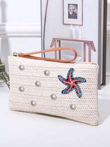 Beach Straw Woven Makeup Bag, Rhinestone Starfish And Pearl Decor, Women's Clutch, Summer Vacation Zipper Coin Purse, Bohemian Style Wrist Bag, Portable Makeup Bag, Woven Wrist Bag, Tropical Style Bag, Suitable For Travel, Beach Vacation, Outings, School, Daily Use, Unique Birthday Gift, Holiday Gift, Party Gift, Vacation Gift, Back To School Gift, Teacher Gift - Multicolor - View 14