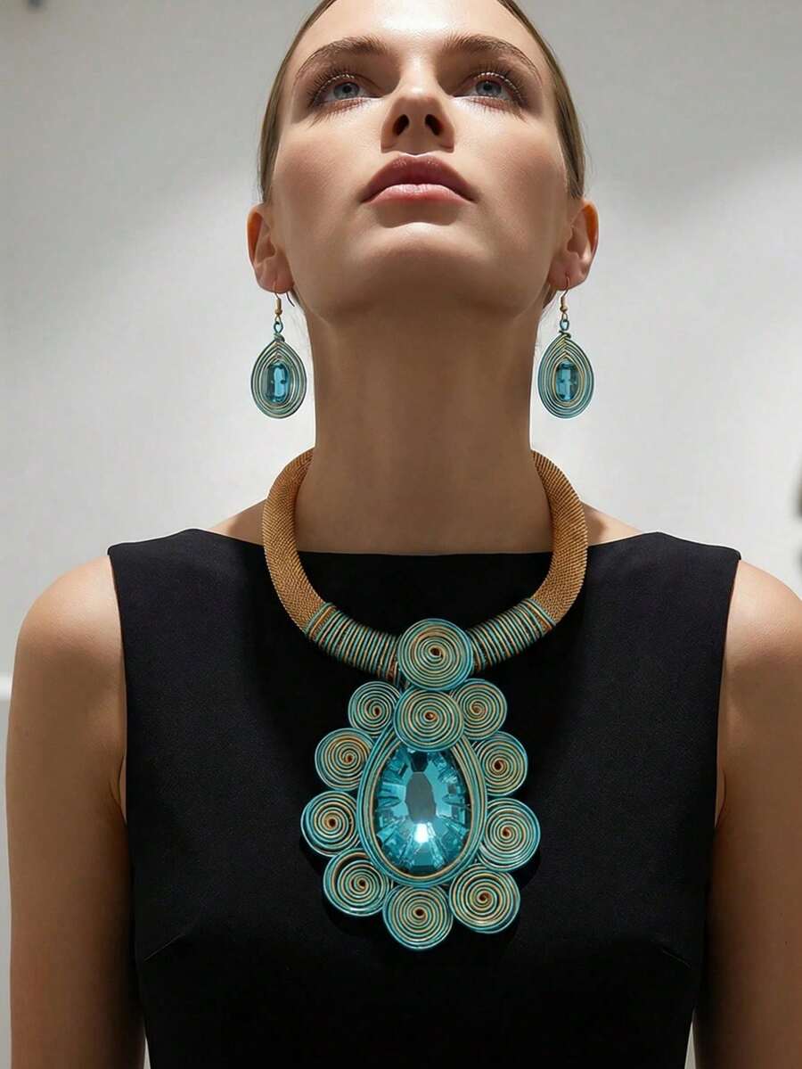 1 Set Bohemian Style Rhinestone Jewelry Set, Exaggerated Wire-Woven Mesh Necklace & Spiral Earrings, For Women's Party And Festival Wear - Multicolor - View 1
