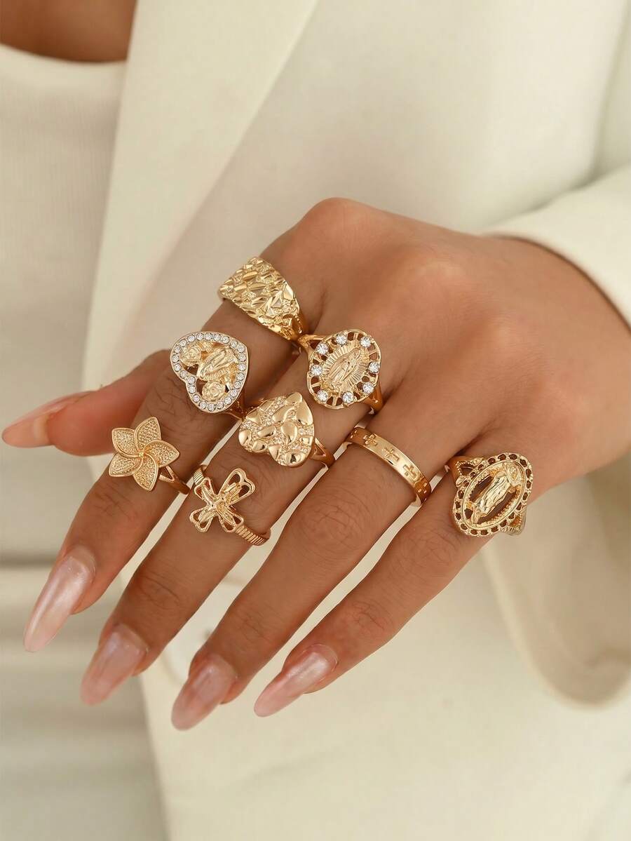 8pcs Fashion Design Heart-Shaped Rings, INS Hollow Heart & Virgin Mary Rings, Suitable For Party, Vacation, Gift For Friends And Family, Daily Wear, Commuting - Gold - View 1