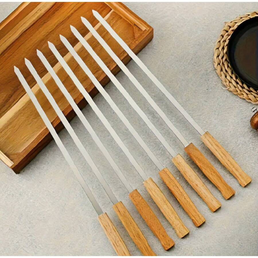 8 brochettes de barbecue en acier inoxydable avec manches en bois et sac de transport, ustensiles de cuisine multifonctionnels pour l'extérieur - défaut - Voir 1