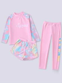 Tween Girl Letter Print Long Sleeve Top, Long Pants And Shorts Burkini Separates Swimsuit Set, Suitable For Summer Vacation - Pink - View 1