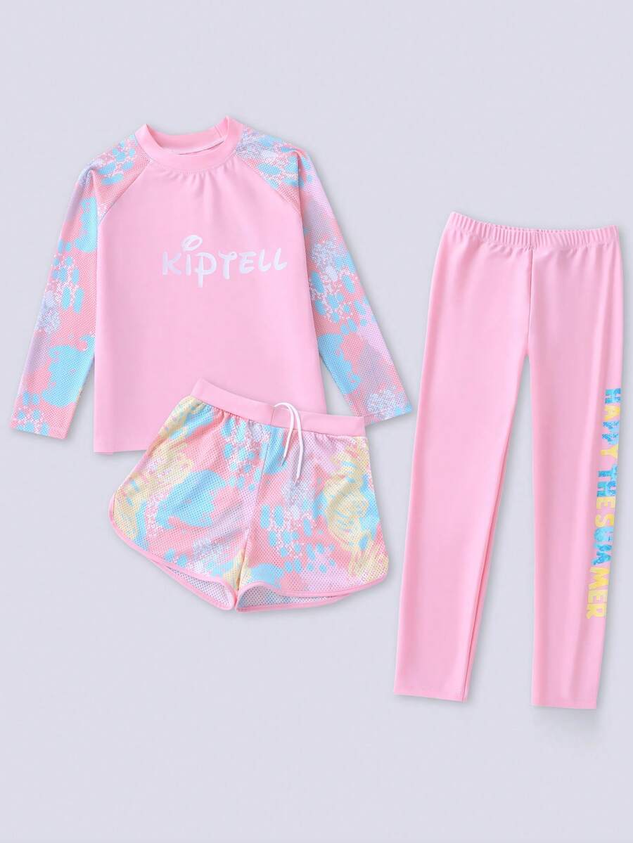 Tween Girl Letter Print Long Sleeve Top, Long Pants And Shorts Burkini Separates Swimsuit Set, Suitable For Summer Vacation - Pink - View 1