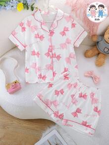 2 Stücke/Set Mädchen lässig Schmetterling Muster Polokragen Kurzarm Cardigan und Shorts Pyjama Set, Flammhemmend, Ganzjährig - Weiss - Übersicht 1