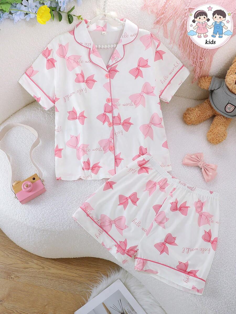 2 Stücke/Set Mädchen lässig Schmetterling Muster Polokragen Kurzarm Cardigan und Shorts Pyjama Set, Flammhemmend, Ganzjährig - Weiss - Übersicht 1