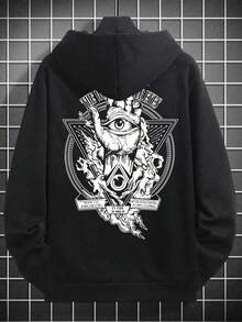 大尺碼男士秋冬神秘圖案印花寬鬆連帽衫，2000年代風格 - 黑色 - 查看 2