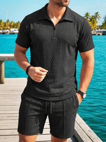 2pcs Men's Black Short Sleeve Polo Shirt And Drawstring Shorts Set, Featuring Diamond Texture Zipper Polo Shirt And Elastic Waist Shorts, Breathable Jacquard Fabric, Beach Vacation Style, Ideal For Summer Outings - Black - View 1