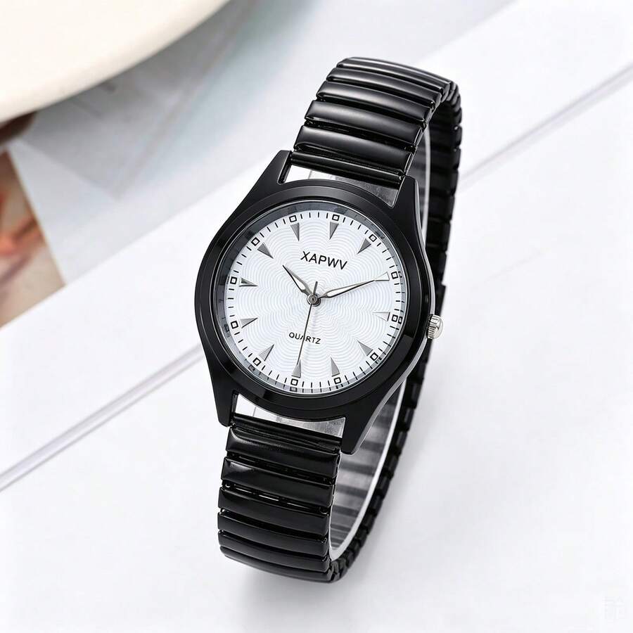 XAPWV 1件女款時尚圓形石英手錶,彈性錶帶,休閒百搭日常錶 - 黑色 - 查看 1