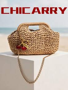 Summer Women's Khaki Woven Straw Bag, Cherry Charm, Beach Fashion Elegant Chain Crossbody Bag, Vintage Hollow Handbag Beach Bag, Creative Clasp Hardware, Summer Bridal Bag, Women's College Student Bag, Suitable For Parties, Shopping, Vacation, Crochet Bag - Khaki - View 3